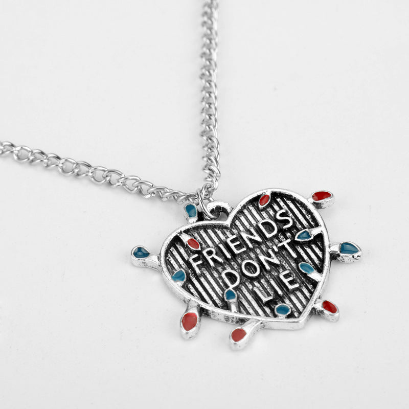 Stranger Things Friends Don't Lie Love Peach Heart Pendant Necklace